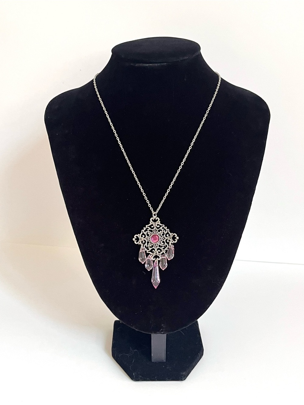 Vintage-Inspired Filigree Statement Necklace with Pink Crystal Drops
